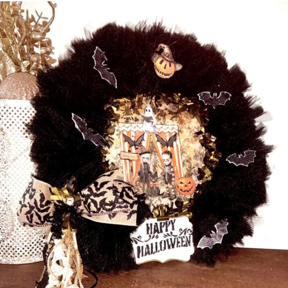 Gothic Vibes , Upcycled Black Tulle Halloween Wreath - Picture 1 of 5